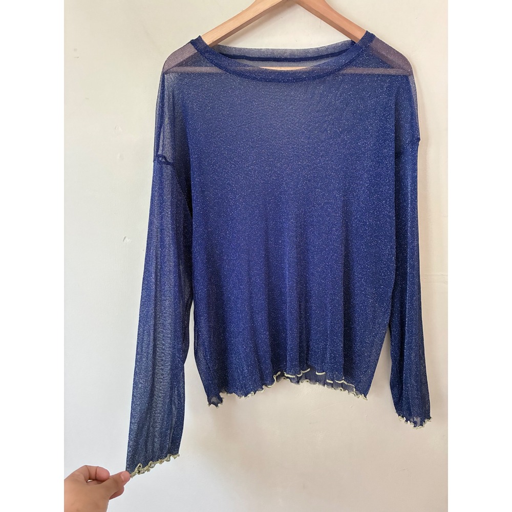 Blue Metallic Sheer Knit Long Sleeve Top Glitter Festival Grunge Lettuce Edge